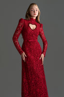 Red floral lace long-sleeve maxi gown with heart cutout by I.H.F Studio, featuring balloon drawstring detail.