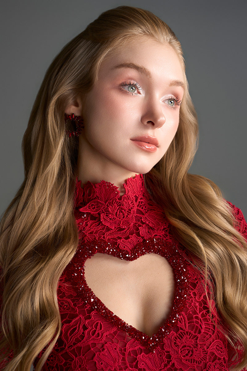 Red floral lace long-sleeve maxi gown with heart cutout by I.H.F Studio, featuring balloon drawstring details.