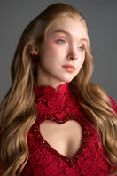 Red floral lace long-sleeve maxi gown with heart cutout by I.H.F Studio, featuring balloon drawstring details.
