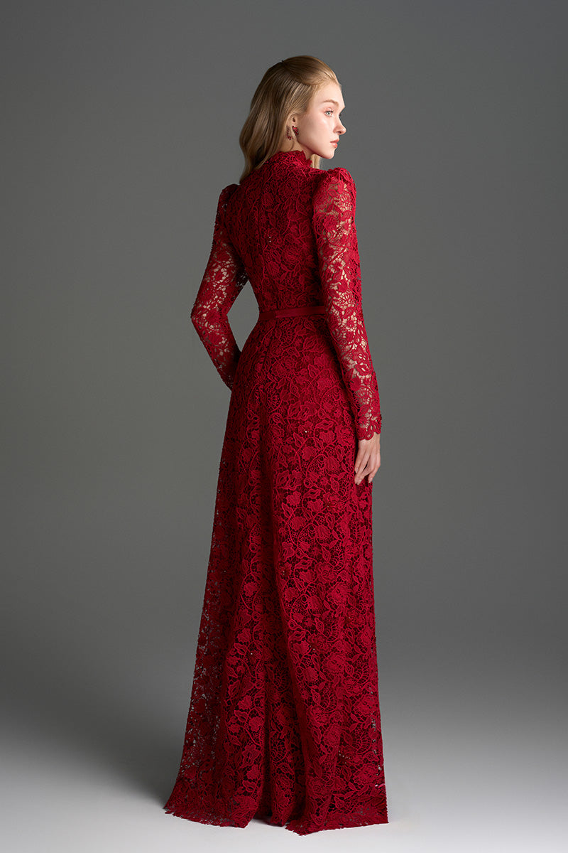 Red floral lace long-sleeve maxi gown with heart cutout by I.H.F Studio, featuring balloon drawstring details.
