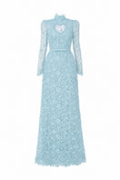 Blue floral lace long-sleeve maxi gown by I.H.F Studio featuring a heart cutout and balloon drawstring detail.