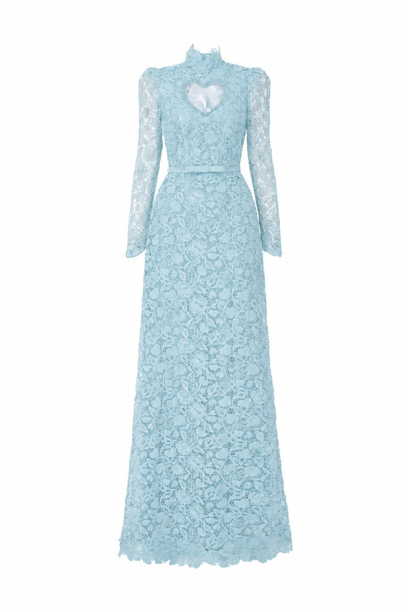 Blue floral lace long-sleeve maxi gown by I.H.F Studio featuring a heart cutout and balloon drawstring detail.