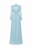 Blue floral lace long-sleeve maxi gown with heart cutout by I.H.F Studio, featuring balloon drawstring details.