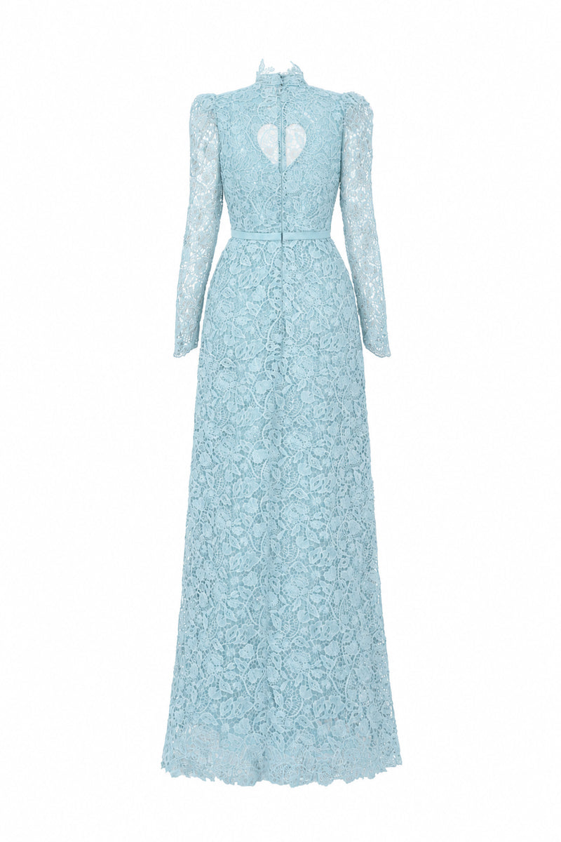 Blue floral lace long-sleeve maxi gown with heart cutout by I.H.F Studio, featuring balloon drawstring details.