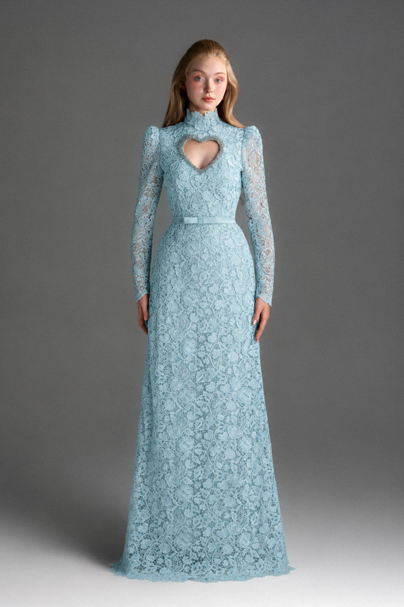 Blue floral lace long-sleeve maxi gown with heart cutout by I.H.F Studio, featuring balloon drawstring detail.