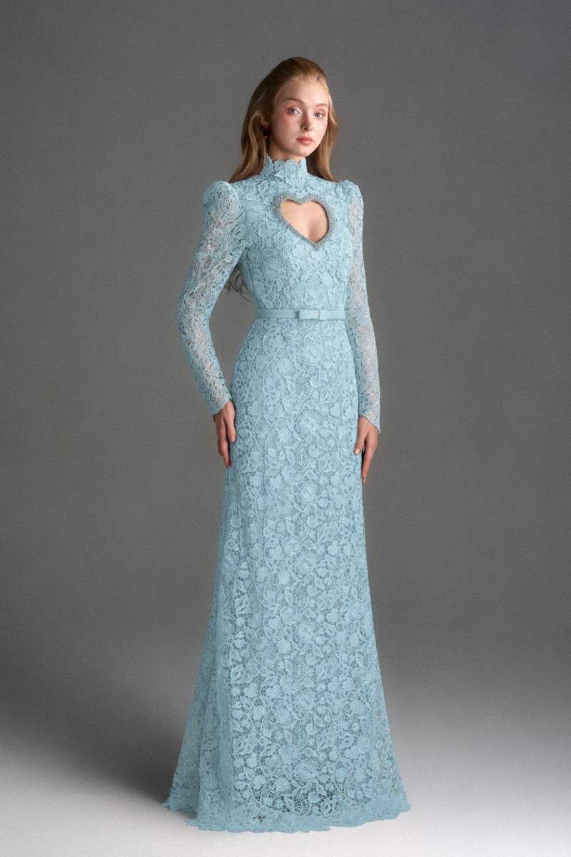 Blue floral lace long-sleeve maxi gown with heart cutout by I.H.F Studio, featuring balloon drawstring details.