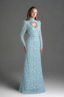 Blue floral lace long-sleeve maxi gown with heart cutout by I.H.F Studio, featuring balloon drawstring details.