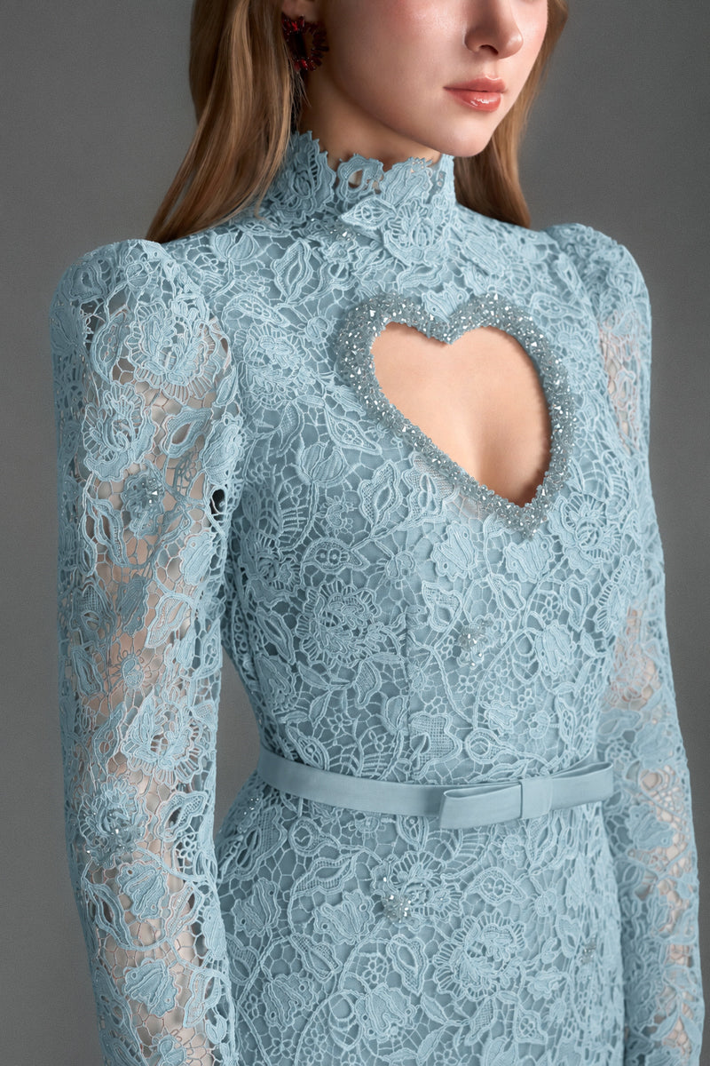 Blue floral lace long-sleeve maxi gown by I.H.F Studio featuring a heart cutout and balloon drawstring detail.