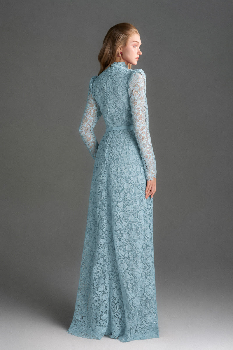 Blue floral lace long-sleeve maxi gown with heart cutout from I.H.F Studio, featuring balloon drawstring details.