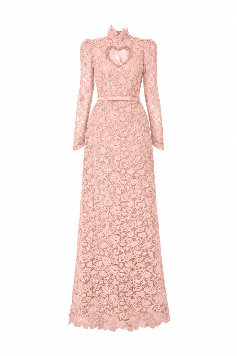 Light pink floral lace maxi gown with long sleeves and heart cutout by I.H.F Studio, featuring balloon drawstring details.