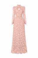 Light pink floral lace maxi gown with long sleeves and heart cutout by I.H.F Studio, featuring balloon drawstring details.