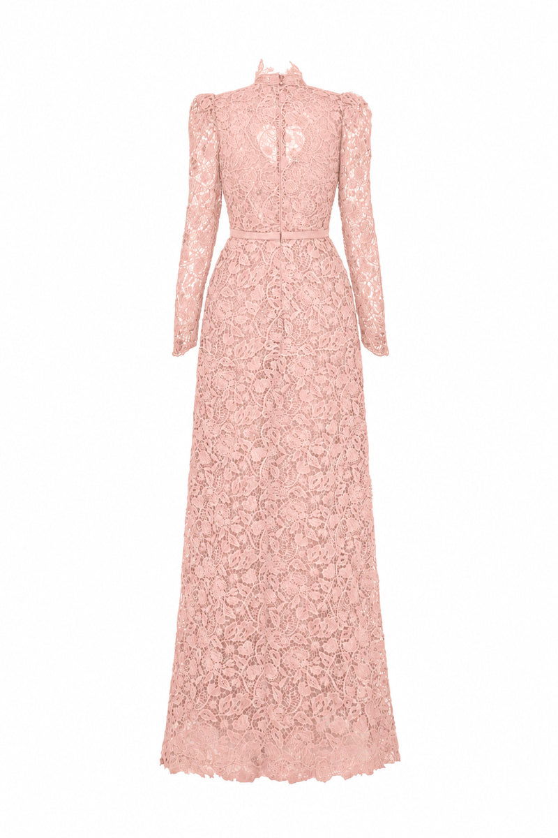 Light pink floral lace maxi gown with long sleeves, heart cutout, and balloon drawstring by I.H.F Studio.