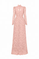 Light pink floral lace maxi gown with long sleeves, heart cutout, and balloon drawstring by I.H.F Studio.