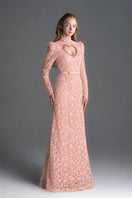 Light pink floral lace maxi gown by I.H.F Studio featuring long sleeves and a heart cutout, with balloon drawstring detail.