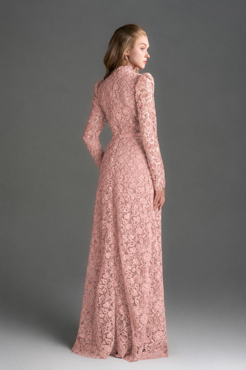 Light pink floral lace maxi gown with long sleeves, heart cutout, and balloon drawstring by I.H.F Studio.