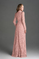 Light pink floral lace maxi gown with long sleeves, heart cutout, and balloon drawstring by I.H.F Studio.