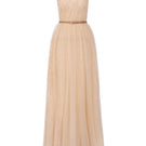 Beige floral mesh lace one-shoulder A-line gown with draped tulle details by I.H.F Studio, featuring a fitted bustier silhouette.