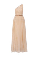 Beige floral mesh lace one-shoulder A-line gown with draped tulle details by I.H.F Studio, featuring a fitted bustier silhouette.