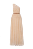 Beige tiny floral mesh lace one-shoulder A-line gown with draped tulle details by I.H.F Studio.