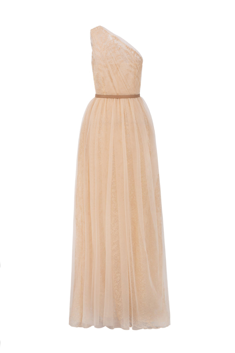 Beige tiny floral mesh lace one-shoulder A-line gown with draped tulle details by I.H.F Studio.