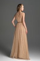 Beige tiny floral mesh lace one-shoulder bustier maxi A-line gown with draped tulle details by I.H.F Studio