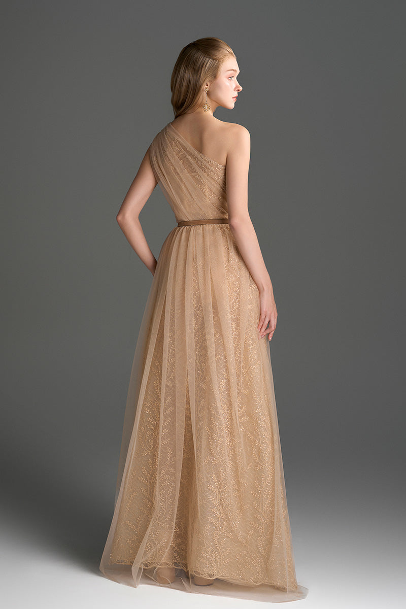 Beige tiny floral mesh lace one-shoulder bustier maxi A-line gown with draped tulle details by I.H.F Studio