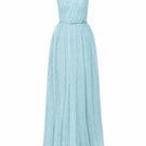 Mint green one-shoulder A-line gown with floral mesh lace and draped tulle details by I.H.F Studio, designed as a stylish bustier maxi dress.