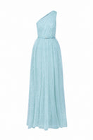 Mint green one-shoulder A-line gown with floral mesh lace and draped tulle details by I.H.F Studio, designed as a stylish bustier maxi dress.
