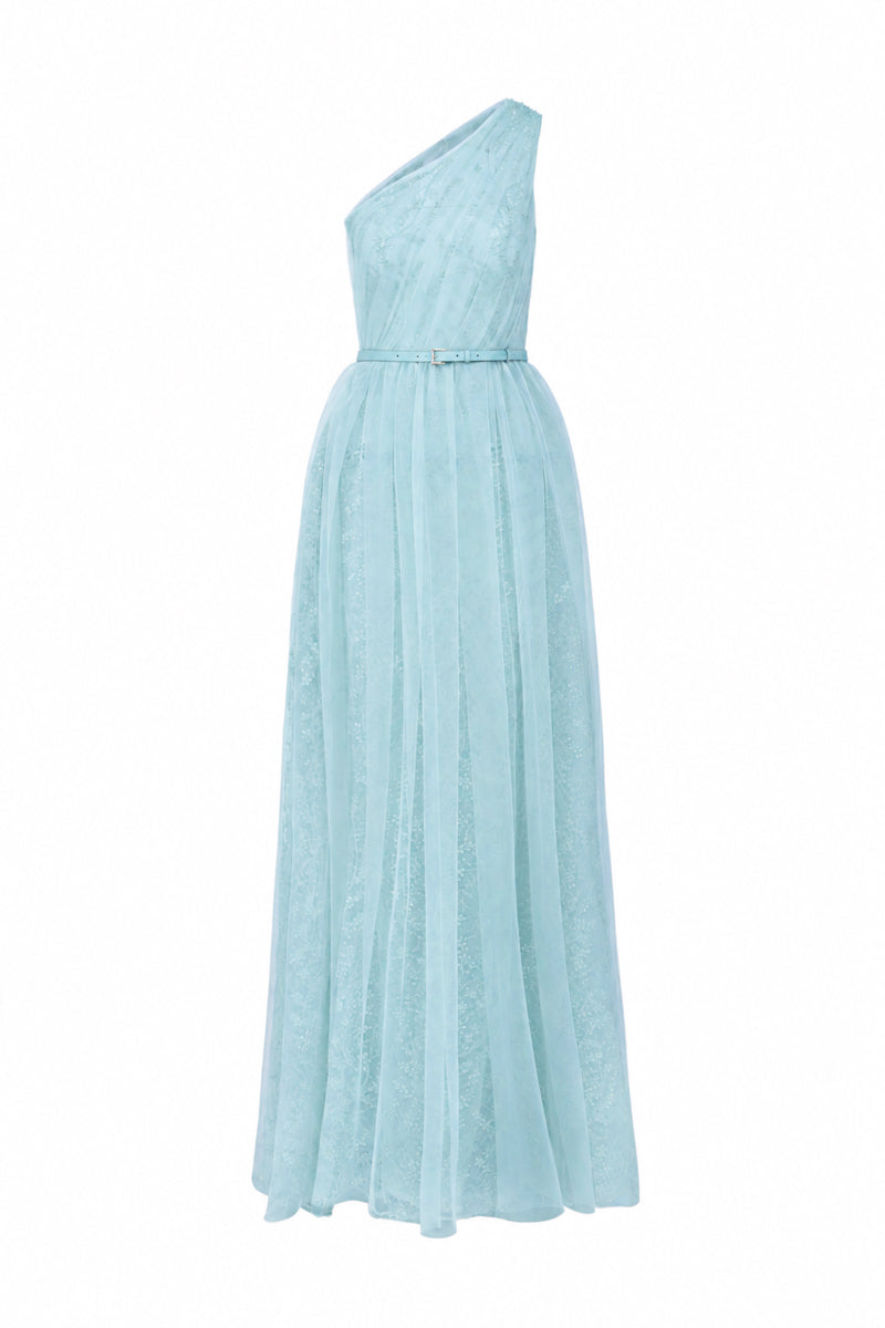 Mint green one-shoulder A-line gown with floral mesh lace and draped tulle details by I.H.F Studio, designed as a stylish bustier maxi dress.