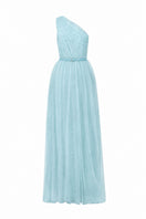 Mint green TINY FLORAL MESH LACE bustier maxi A-line gown with one shoulder and draped tulle details by I.H.F Studio.