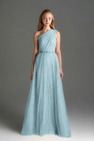 Blue one-shoulder floral mesh lace bustier maxi A-line gown with draped tulle details by I.H.F Studio.