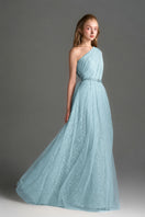 Blue tiny floral mesh lace one-shoulder A-line gown with draped tulle details by I.H.F Studio.