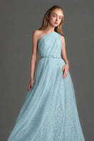 Blue tiny floral mesh lace one-shoulder A-line gown with draped tulle details by I.H.F Studio