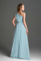 I.H.F Studio mint floral mesh lace one-shoulder bustier maxi gown with draped tulle details and A-line silhouette.