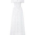 White architectural lace bustier A-line gown by I.H.F Studio with mini cape and crystal embellishments, perfect for elegant occasions.