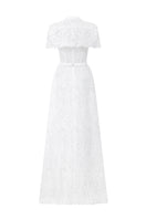 White architectural lace bustier A-line gown with mini cape and crystal embellishments, designed by I.H.F Studio.