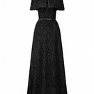 Black lace bustier A-line gown with mini cape and crystal embellishments by I.H.F Studio, elegant evening dress with intricate details.