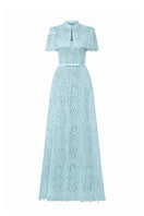 Blue architectural lace bustier A-line gown with mini cape and crystal embellishments, designed by I.H.F Studio.