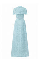 Blue architectural lace bustier A-line gown from I.H.F Studio featuring a mini cape and crystal embellishments.