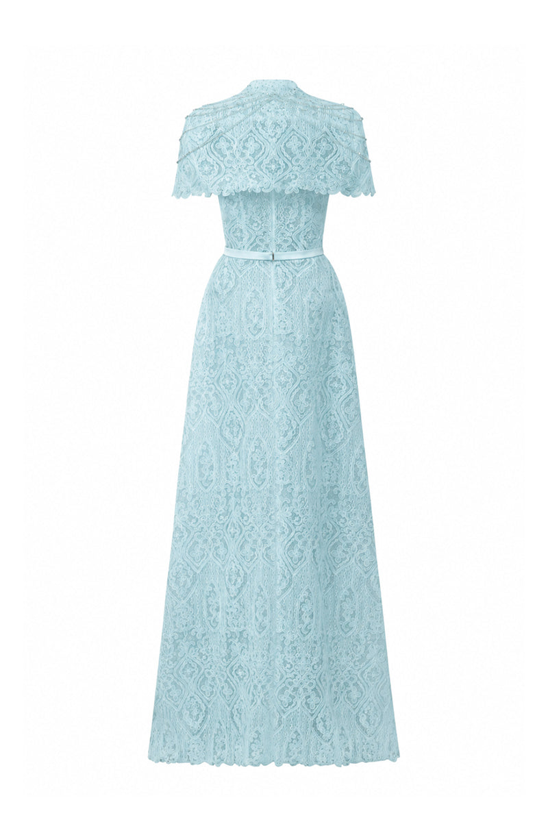 Blue architectural lace bustier A-line gown from I.H.F Studio featuring a mini cape and crystal embellishments.