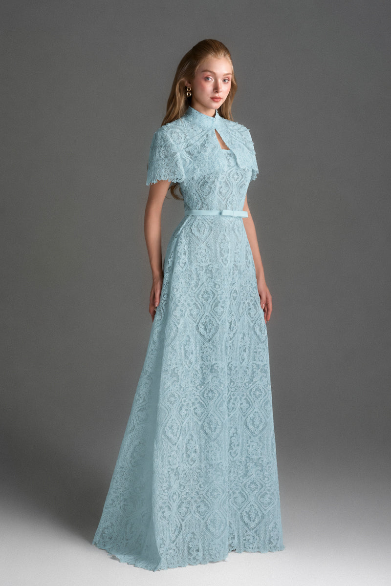 Blue architectural lace bustier A-line gown with mini cape and crystal embellishments by I.H.F Studio, elegant women's evening dress.