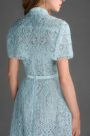 Blue architectural lace bustier A-line gown with mini cape and crystal embellishments, designed by I.H.F Studio.