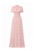 Light pink architectural lace bustier A-line gown with mini cape and crystal embellishments, designed by I.H.F Studio.