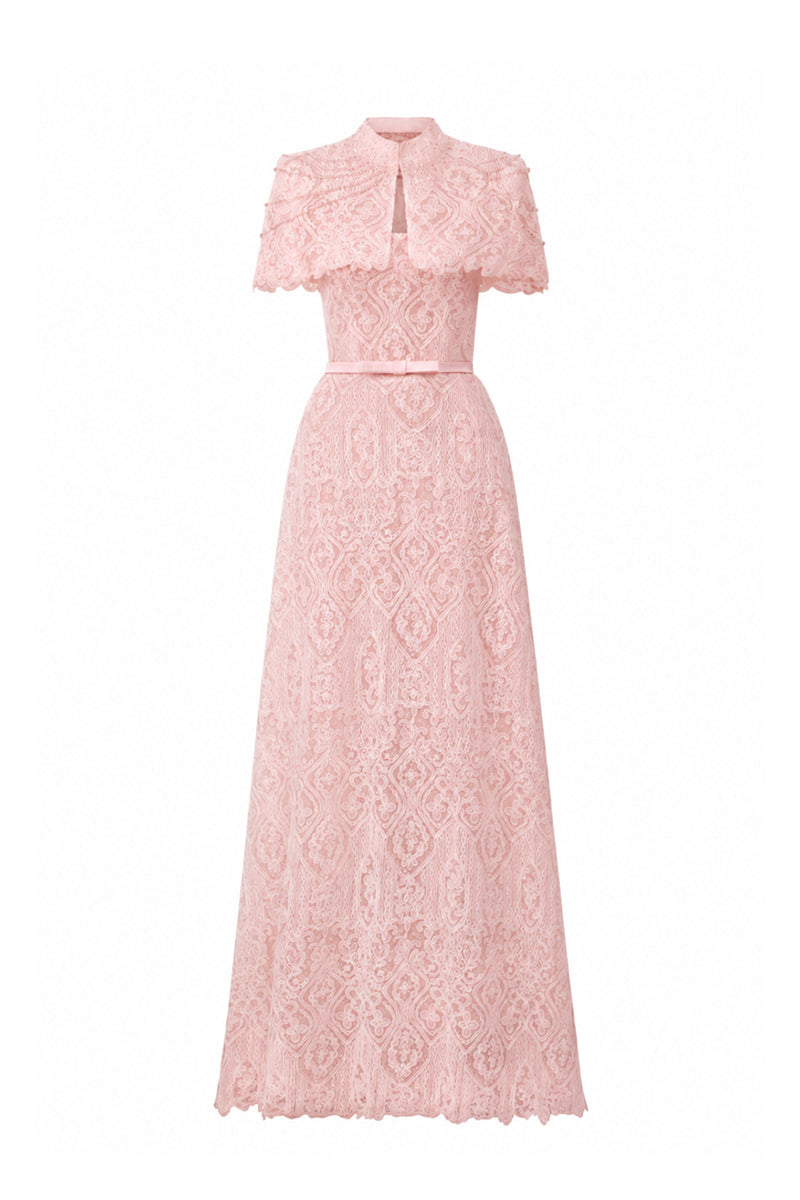 Light pink architectural lace bustier A-line gown with mini cape and crystal embellishments, designed by I.H.F Studio.
