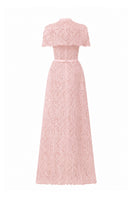 Light pink architectural lace bustier A-line gown with mini cape and crystal embellishments by I.H.F Studio.