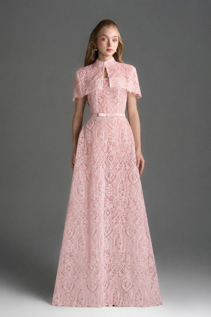 Light pink architectural lace bustier A-line gown with mini cape and crystal embellishments, designed by I.H.F Studio.