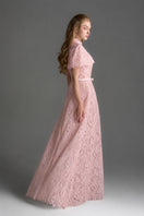 Light pink architectural lace bustier A-line gown with mini cape and crystal embellishments by I.H.F Studio.