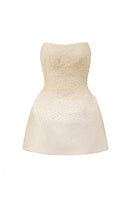 Beige beaded mini dress by I.H.F Studio featuring a fitted bustier style and intricate bead detailing.