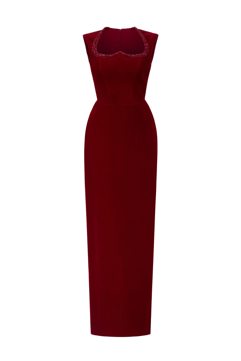 Dark red velvet Lyon midi column gown by I.H.F Studio featuring a heart-shaped neckline and crystal embellishments.