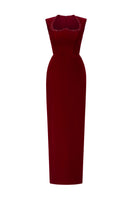 Dark red velvet Lyon midi column gown by I.H.F Studio featuring a heart-shaped neckline and crystal embellishments.